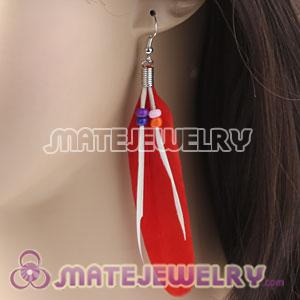 Red Tibetan Jaderic Indianstyles Feather Earrings With Beads 