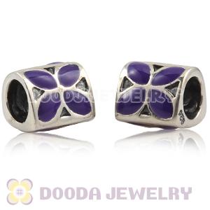 925 Sterling Silver European 4 Petal Flower Charms with Purple Enamel