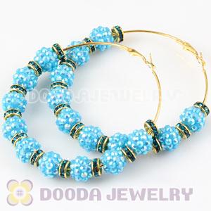 70mm Basketball Wives Blue Rhinestone Crystal Ball Hoop Earrings Wholesale