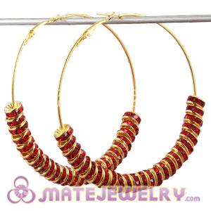 70mm Gold Basketball Wives Hoop Earrings With Red Crystal Spacer Beads 