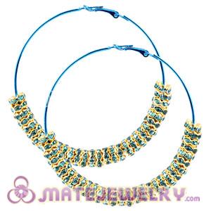 70mm Basketball Wives Hoop Earrings With Blue Crystal Spacer Beads 