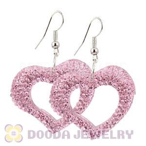 Pink Crystal Heart Basketball Wives Bamboo Hoop Earrings 