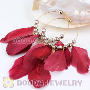Red Basketball Wives Feather Hoop Earrings With Beads Wholesale