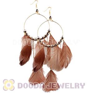 Brown Basketball Wives Feather Hoop Earrings With Beads Wholesale
