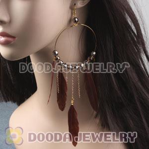 Brown Basketball Wives Feather Hoop Earrings With Beads Wholesale