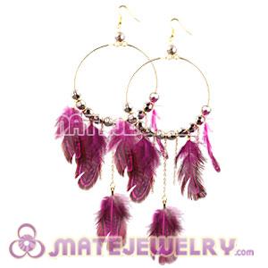 Wholesale Magenta Basketball Wives Feather Hoop Earrings With Beads 
