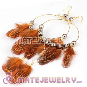 Wholesale Orange Basketball Wives Feather Hoop Earrings With Beads 