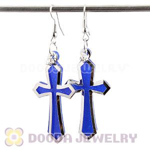 Blue Crystal Basketball Wives Bamboo Cross Hoop Earrings Wholesale
