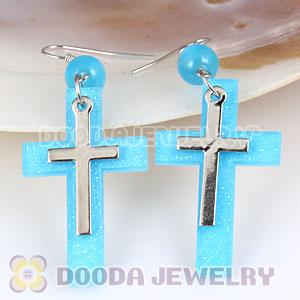 Cyan Crystal Basketball Wives Bamboo Cross Hoop Earrings Wholesale