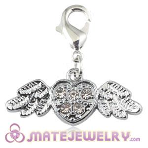 Platinum Plated Alloy European Jewelry Flying Heart Charms With Stone 