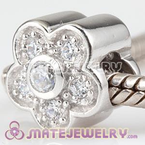 Sterling Silver European Flower Charms Beads With CZ Stone