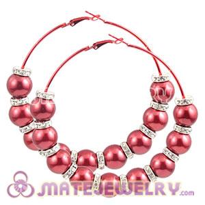 80mm Red Basketball Wives Hoop Earrings With ABS Pearl Beads 