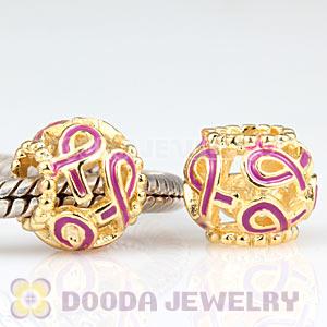 Gold Plated Silver European Cancer Awareness Pink Ribbon Beads Wholesale