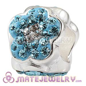 Wholesale 925 Sterling Silver Flower Charm Beads With Cyan Austrian Crystal 
