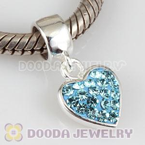 925 Sterling Silver Heart Dangle Charms With Cyan Austrian Crystal Wholesale