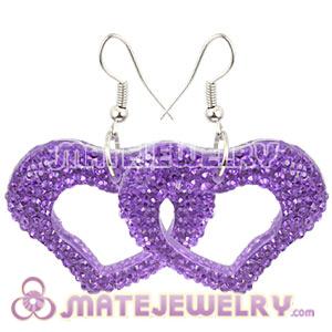 Wholesale Purple Crystal Heart Basketball Wives Bamboo Hoop Earrings 