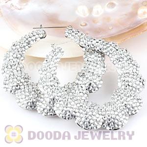 80mm Silver Basketball Wives Bamboo Buddhist Bead Crystal Hoop Earrings 