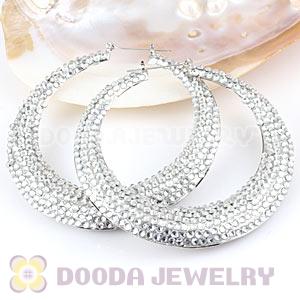 90mm Silver Basketball Wives Bamboo Crystal Hoop Earrings 