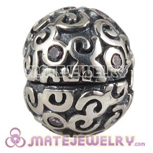 European 925 Sterling Silver Fire Clip Beads With Pink CZ Stones