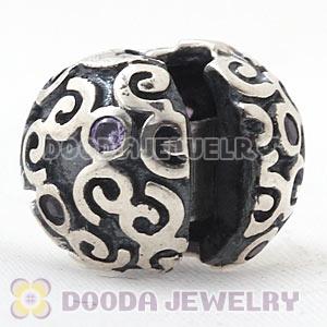 925 Sterling Silver European Fire Clip Beads With Purple CZ Stones