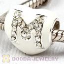 European Sterling Silver Enamel Heart Pave M Charm Bead With Austrian Crystal