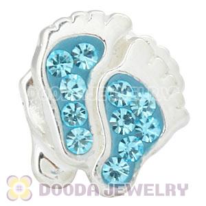 Sterling Silver European Foot Bead With Cyan Austrian Crystal 