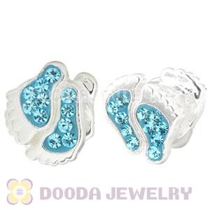 Sterling Silver European Foot Bead With Cyan Austrian Crystal 