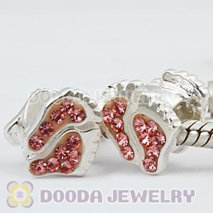 Sterling Silver European Foot Bead With Pink Austrian Crystal 