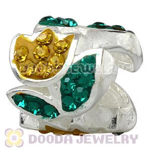 925 Sterling Silver Tulip Charm Beads With Yellow Austrian Crystal 