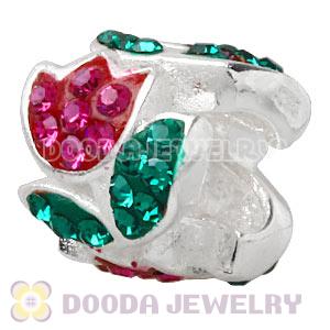 925 Sterling Silver Tulip Charm Beads With Red Austrian Crystal 