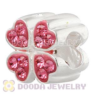 925 Sterling Silver Four Leaf Clover Charm Beads With Pink Austrian Crystal 