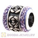 925 Sterling Silver Rose Flower Barrel Bead With Violet Austrian Crystal