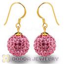 12mm Pave Pink Czech Crystal Ball Gold Plated Silver Hook Earrings Wholesale