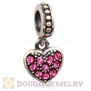 Sterling Silver European Rose Pave Heart Dangle With Rose Austrian Crystal