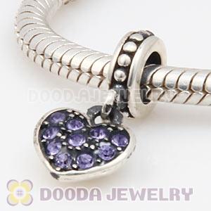 Sterling Silver European Tanzanite Pave Heart Dangle With Tanzanite Austrian Crystal