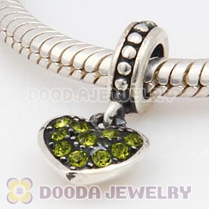 Sterling Silver European Olivine Pave Heart Dangle With Olivine Austrian Crystal