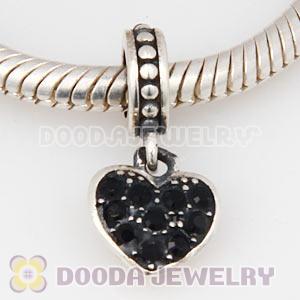 Sterling European Jet Pave Heart Dangle With Jet Austrian Crystal