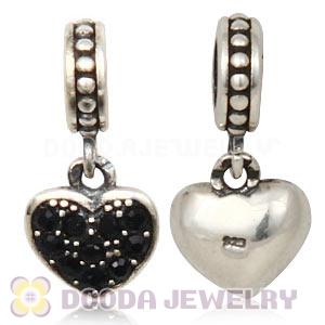 Sterling European Jet Pave Heart Dangle With Jet Austrian Crystal