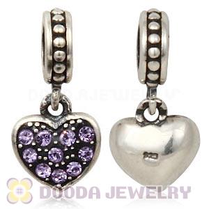 Sterling Silver European Violet Pave Heart Dangle With Violet Austrian Crystal