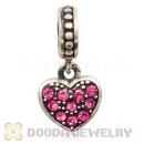 Sterling Silver European Rose Pave Heart Dangle With Rose Austrian Crystal