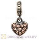 Sterling Silver European Light Peach Pave Heart Dangle With Light Peach Austrian Crystal