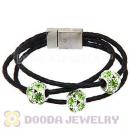 19CM Crystal Beads Black Braided Leather Bracelet With Magnetic Clasp