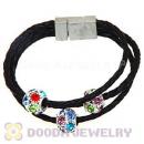 19CM Crystal Beads Black Braided Leather Bracelet With Magnetic Clasp