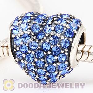 European Sterling Sapphire Pave Heart With Sapphire Austrian Crystal Charm