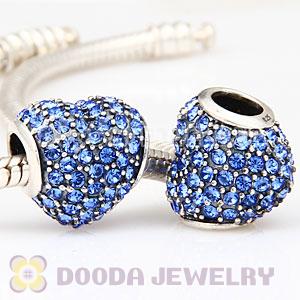 European Sterling Sapphire Pave Heart With Sapphire Austrian Crystal Charm