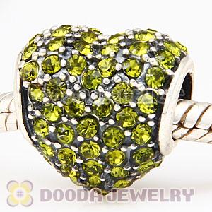 European Sterling Olivine Pave Heart With Olivine Austrian Crystal Charm