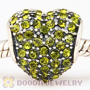 European Sterling Olivine Pave Heart With Olivine Austrian Crystal Charm