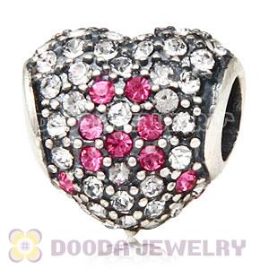 European Sterling Pave Heart Pink Ribbon With Austrian Crystal Charm
