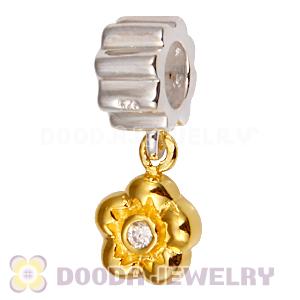 European Style 925 Silver Beads Dangle Gold Plated Flower with Stone