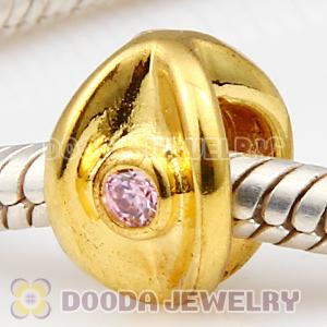 Gold Plated European Style Silver Eye Beads with Pink Stone
